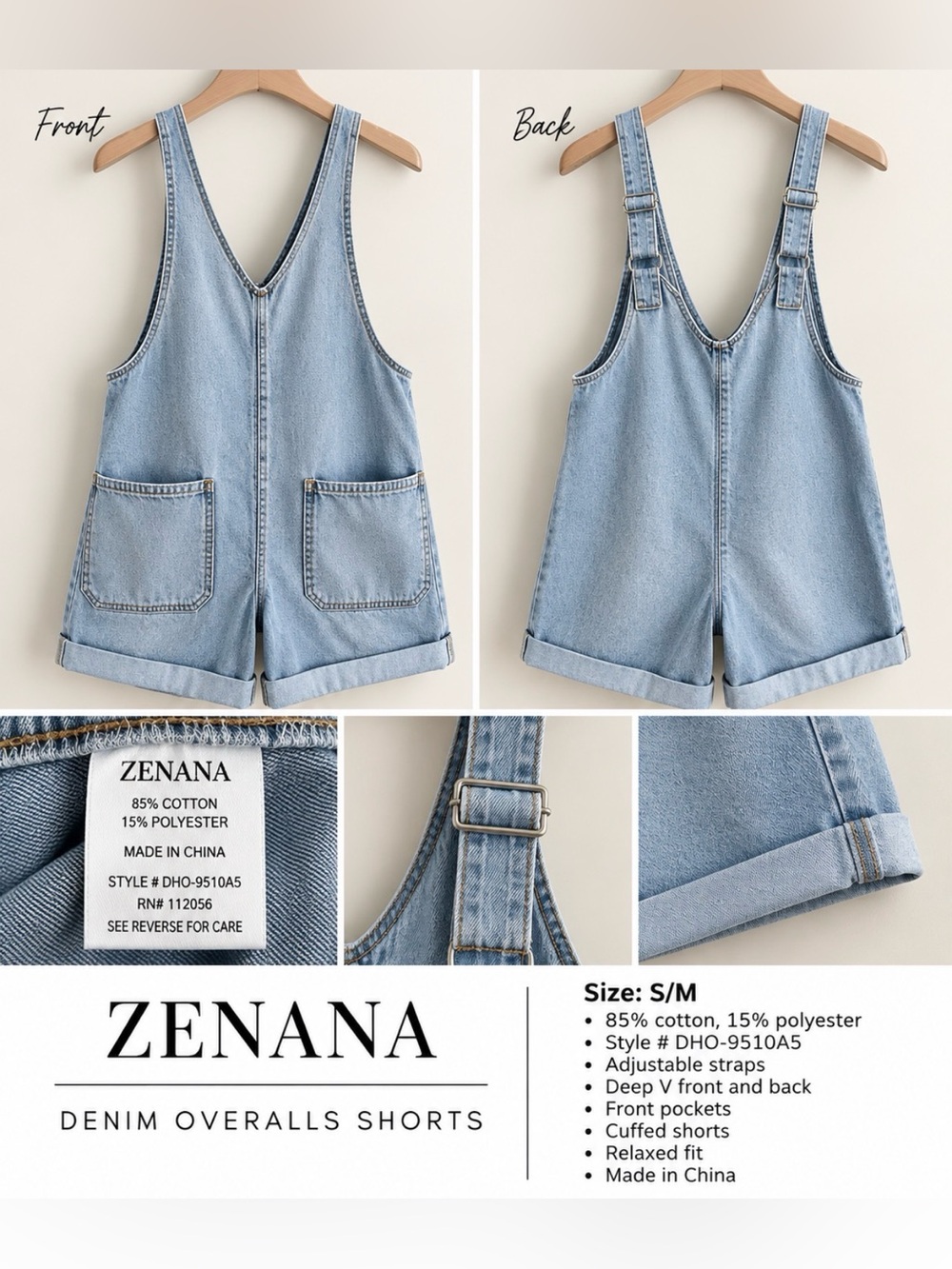Zenana Light Blue Denim Overall Shorts with Adjustable Straps - S/M
